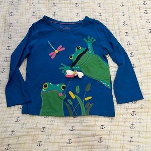 NWOT Baby Boden frog and dragonfly shirt with appliqués and zippers - size 3-4